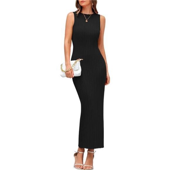 Women's Casual Maxi Dresses Ribbed Knit Sleeveless Black - Picture 1 of 7
